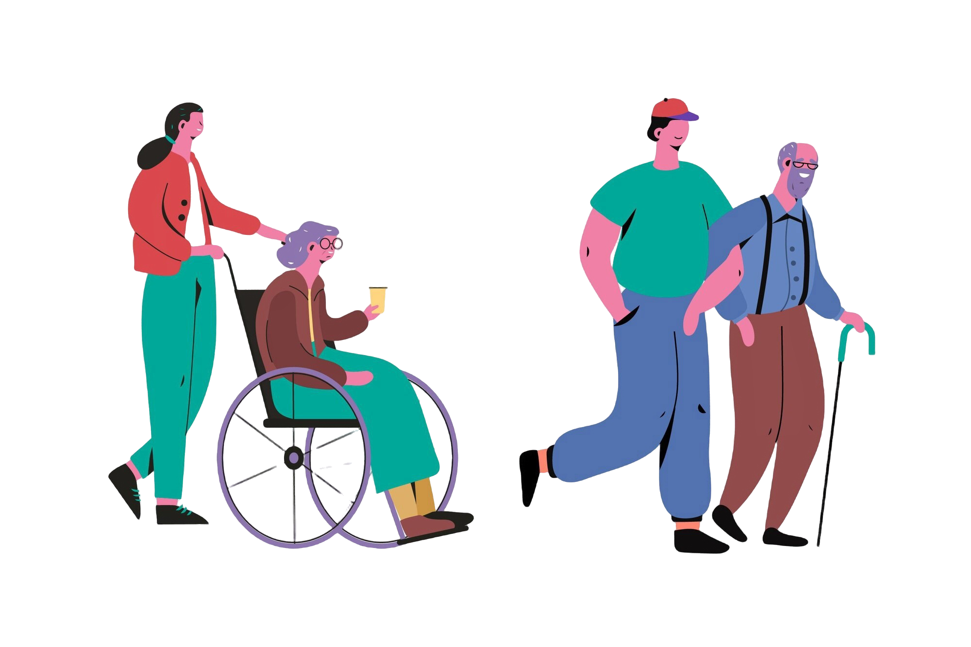 Ilustración de cuidadores con personas mayores